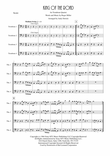 King Of The Road For Trombone Quartet Sheet Music