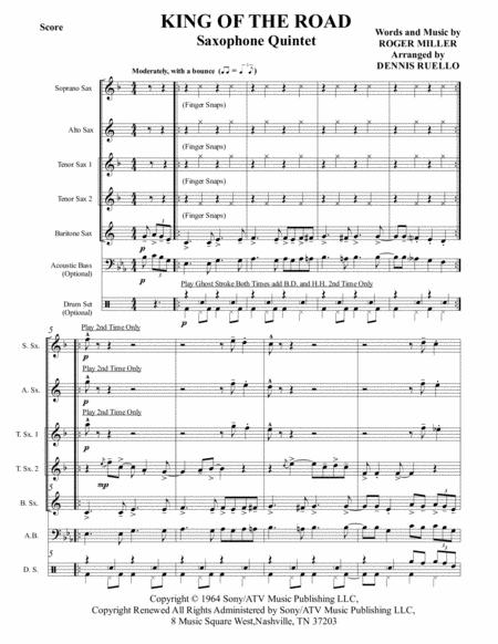 Free Sheet Music King Of The Road Saxophone Quintet With Opt Acoustic Bass And Drum Set Parts Intermediate