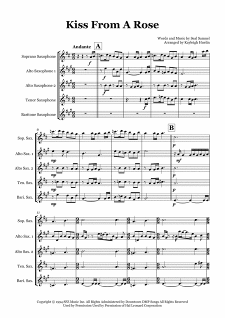 Kiss From A Rose By Seal Saxophone Quintet Saatb Sheet Music