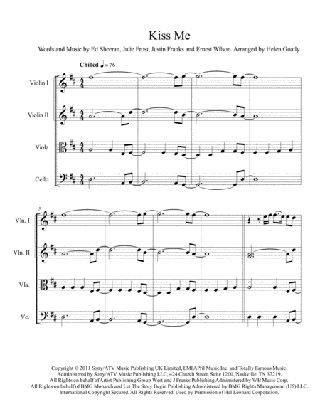 Kiss Me By Ed Sheeran Arranged For String Quartet Sheet Music