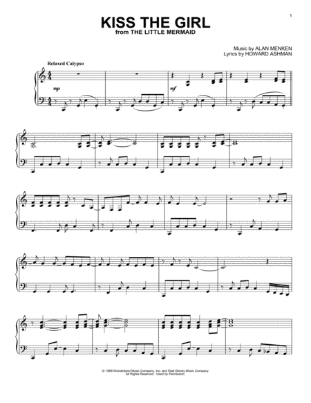 Free Sheet Music Kiss The Girl From The Little Mermaid