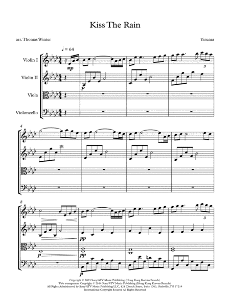 Kiss The Rain Yiruma String Quartet Trio Duo Or Solo Violin Sheet Music