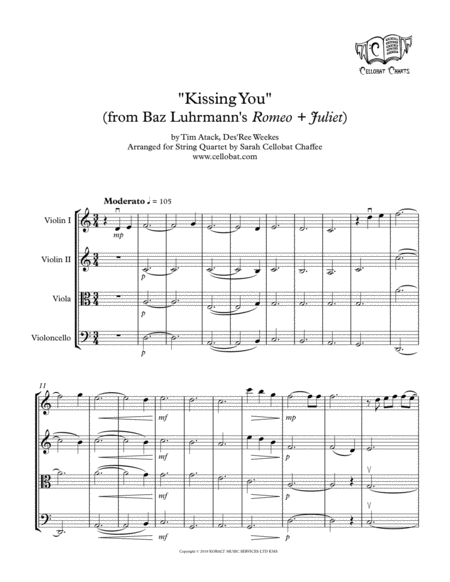 Free Sheet Music Kissing You Baz Luhrmanns Romeo Juliet String Quartet Des Ree Arr Cellobat