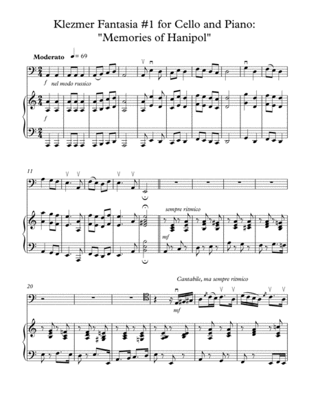 Klezmer Fantasia 1 For Cello And Piano Memories Of Hanipol Sheet Music