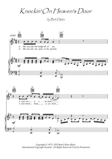 Free Sheet Music Knockin On Heaven Door