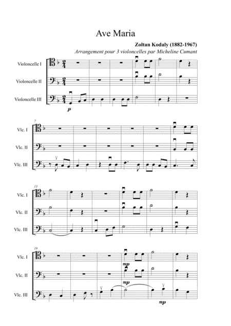 Free Sheet Music Kodaly Zoltan Ave Maria For 3 Cellos