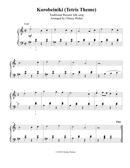 Free Sheet Music Korobeiniki Tetris Theme Easy Piano