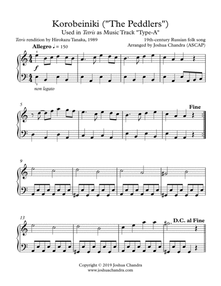 Free Sheet Music Korobeiniki The Peddlers Tetris Music Type A