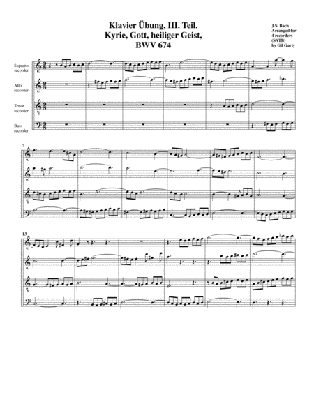 Kyrie Gott Heiliger Geist Bwv 674 From Klavier Uebung Iii Teil Arrangement For 4 Recorders Sheet Music