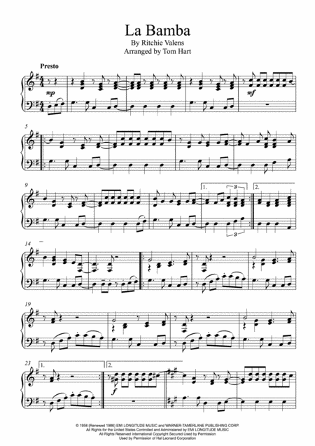 La Bamba Easy Piano Sheet Music