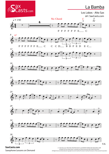 La Bamba Ritchie Valens Feat Los Lobos Arranged For Alto Sax With Written Solo Sheet Music