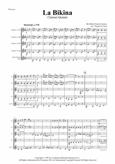 La Bikina Mariachi Luis Fuentes Clarinet Quintet Sheet Music