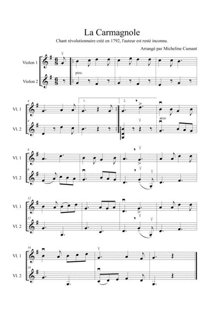 Free Sheet Music La Carmagnole Chant Rvolutionnaire De 1792 Pour 2 Violons