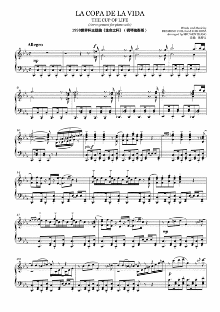 Free Sheet Music La Copa De La Vida The Cup Of Life Piano Solo Arrangement