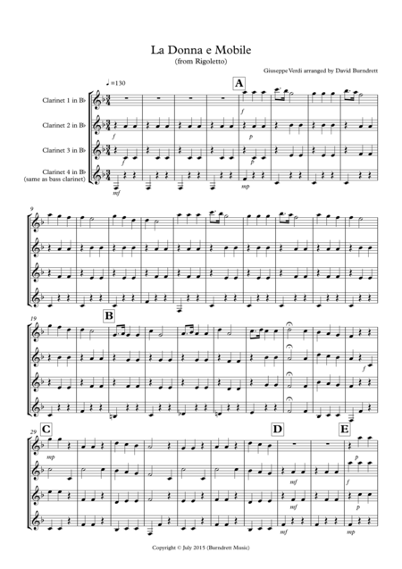 Free Sheet Music La Donna E Mobile From Rigoletto For Clarinet Quartet