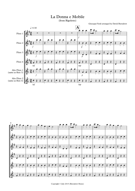 Free Sheet Music La Donna E Mobile From Rigoletto For Flute Quartet