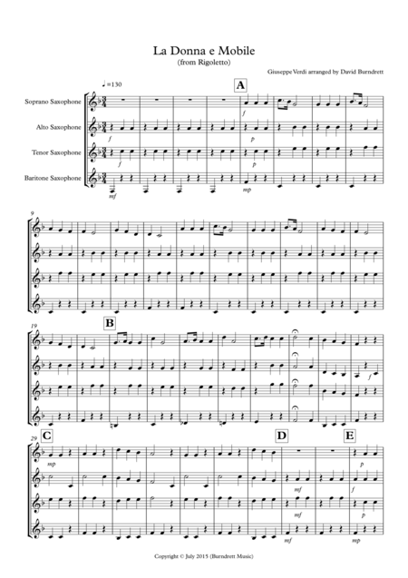 Free Sheet Music La Donna E Mobile From Rigoletto For Saxophone Quartet