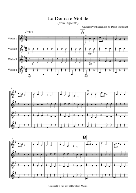 La Donna E Mobile From Rigoletto For Violin Quartet Sheet Music