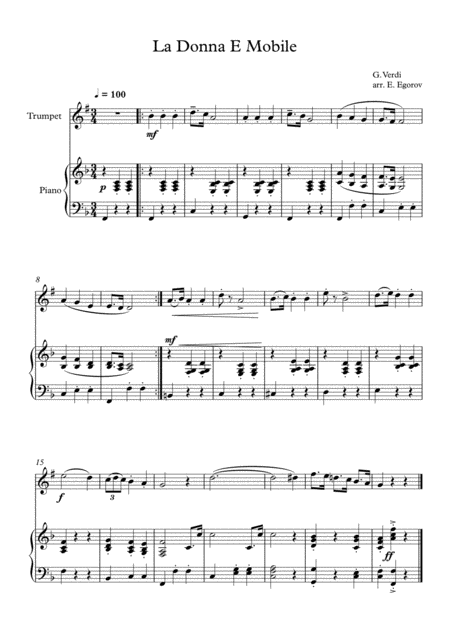 Free Sheet Music La Donna E Mobile Giuseppe Verdi For Trumpet Piano