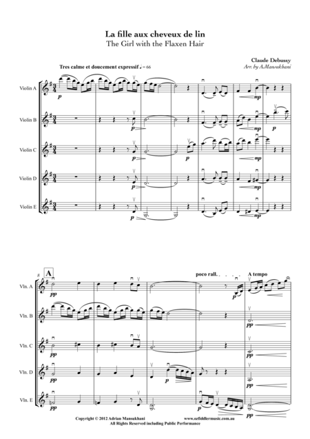 La Fille Aux Cheveux De Lin The Girl With The Flaxen Hair By Claude Debussy Arranged For 5 Violins By Adrian Mansukhani Sheet Music