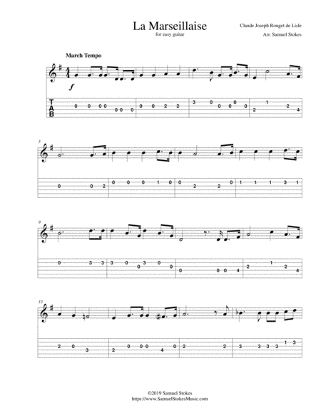 Free Sheet Music La Marseillaise French National Anthem For Easy Guitar With Tab