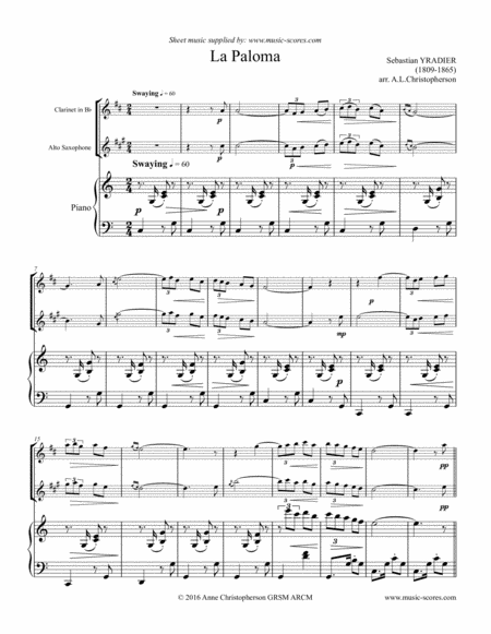 Free Sheet Music La Paloma Clarinet Alto Sax And Piano
