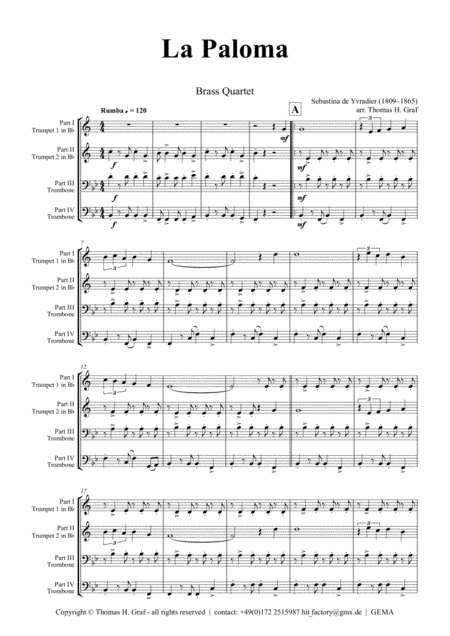 La Paloma Spanish Habanera Brass Quartet H Arrangement Thomas H Graf Sheet Music