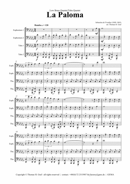 La Paloma Spanish Habanera Brass Quartet Sheet Music