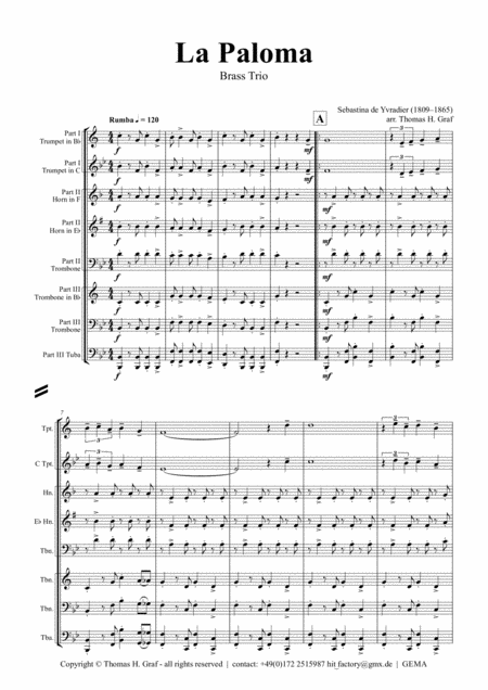 La Paloma Spanish Habanera Brass Trio Sheet Music