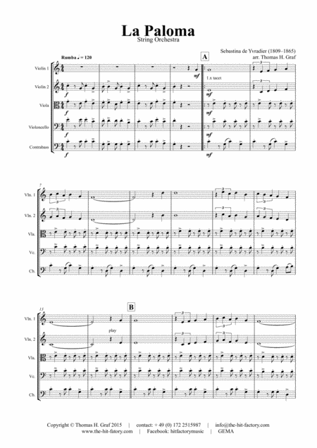 La Paloma Spanish Habanera String Orchestra Sheet Music