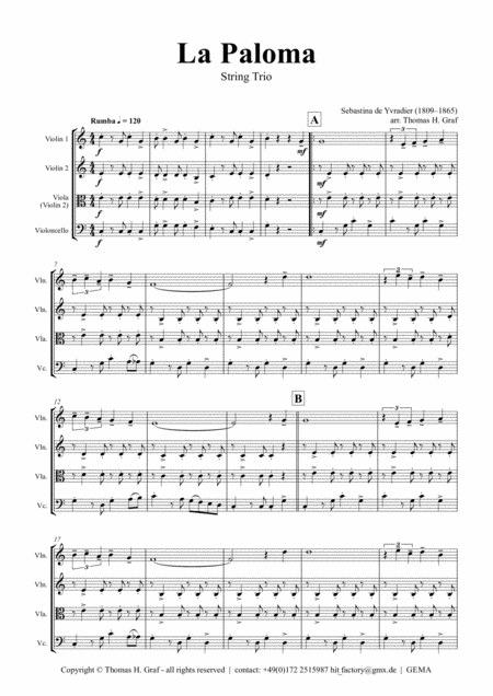 La Paloma Spanish Habanera String Trio Sheet Music