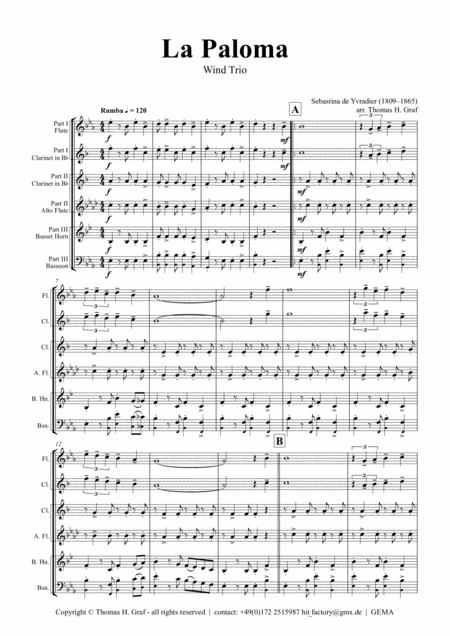 La Paloma Spanish Habanera Wind Trio Sheet Music