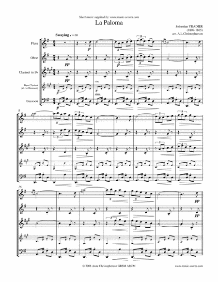 La Paloma Wind Quartet For Flute Oboe Clarinet And Bassoon Or Bass Clarinet Sheet Music