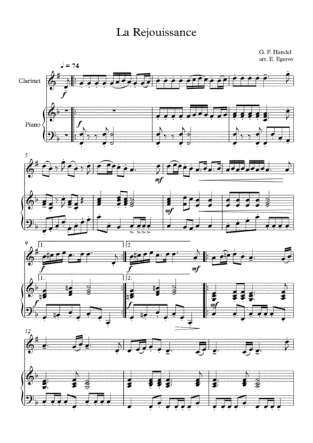 La Rejouissance George Frideric Handel For Clarinet Piano Sheet Music