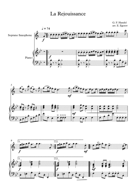 La Rejouissance George Frideric Handel For Soprano Saxophone Piano Sheet Music