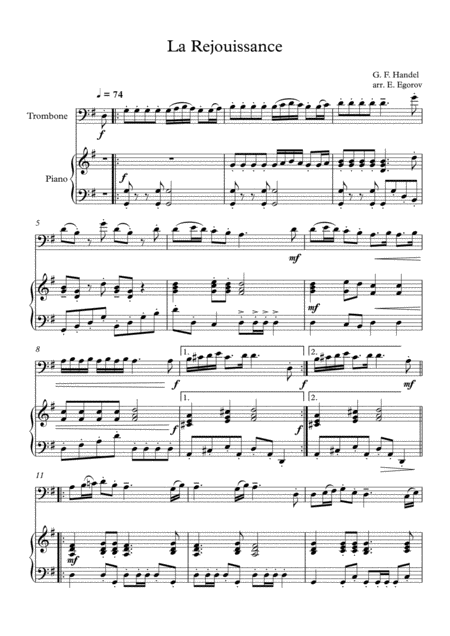 La Rejouissance George Frideric Handel For Trombone Piano Sheet Music