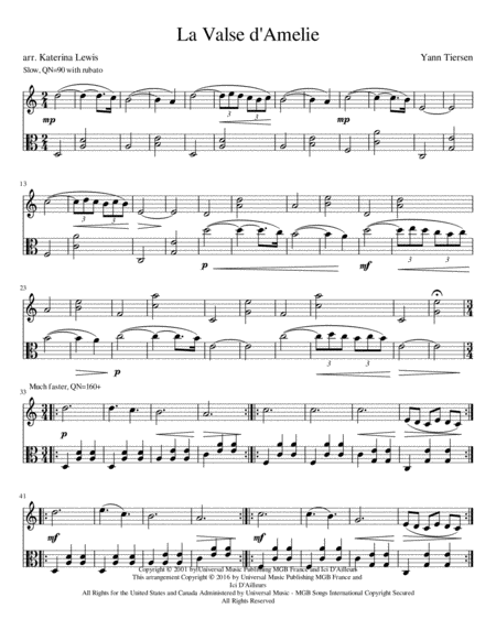 La Valse D Amelie Violin Viola Duet Sheet Music