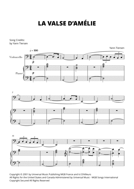 Free Sheet Music La Valse D Amlie For Cello And Piano Yann Tiersen