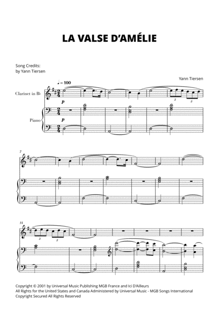 Free Sheet Music La Valse D Amlie For Clarinet And Piano Yann Tiersen