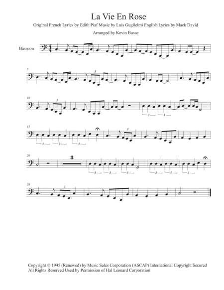 La Vie En Rose Easy Key Of C Bassoon Sheet Music