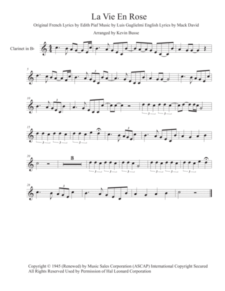 La Vie En Rose Easy Key Of C Clarinet Sheet Music