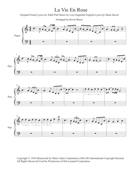 La Vie En Rose Easy Key Of C Piano Sheet Music