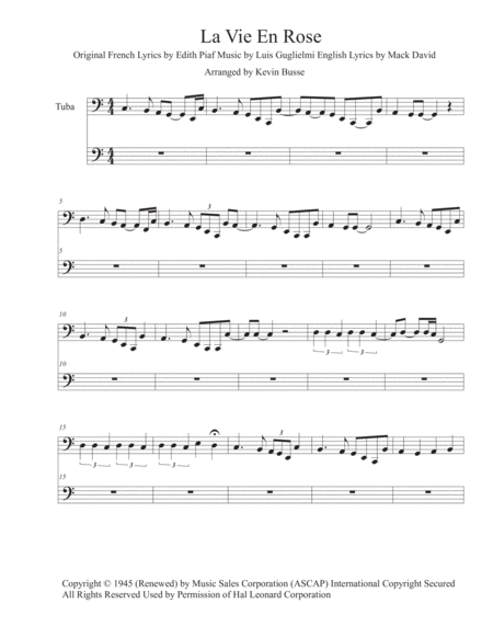 La Vie En Rose Easy Key Of C Tuba Sheet Music