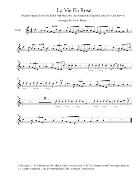 La Vie En Rose Easy Key Of C Violin Sheet Music