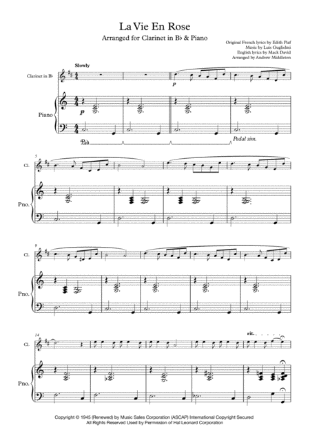 La Vie En Rose For Clarinet Piano Sheet Music