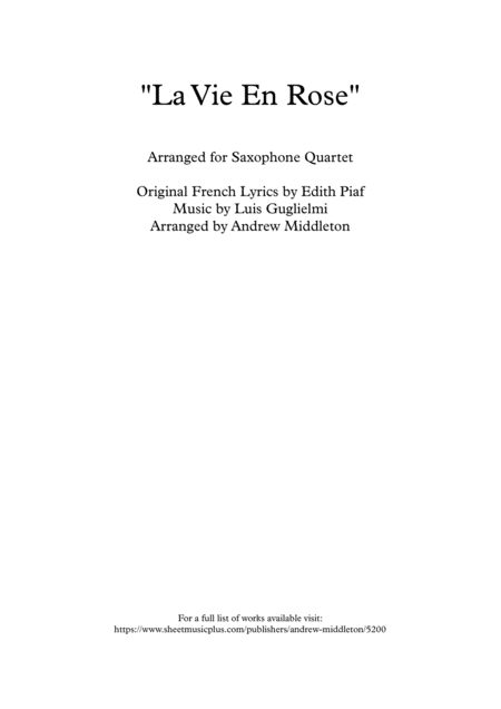 La Vie En Rose For Saxophone Quartet Sheet Music