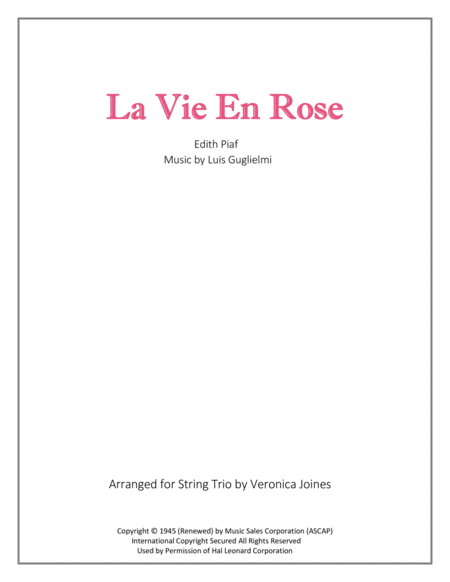 La Vie En Rose For String Trio With Optional Violin 2 Part Sheet Music