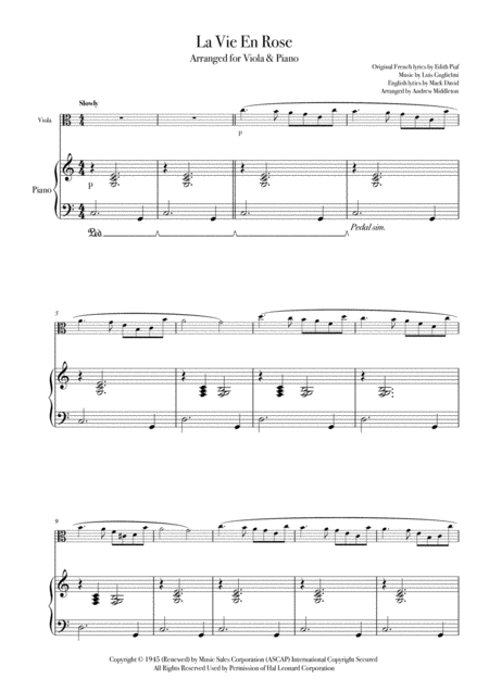 Free Sheet Music La Vie En Rose For Viola And Piano