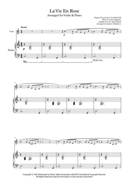 Free Sheet Music La Vie En Rose For Violin And Piano