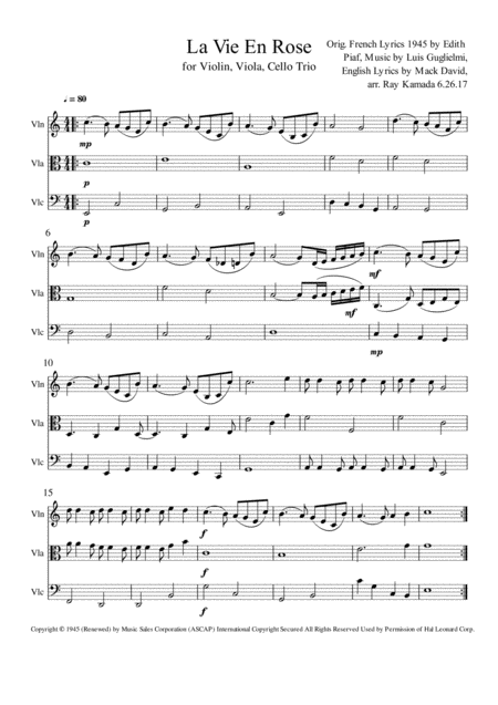 La Vie En Rose For Violin Viola Cello Trio Sheet Music